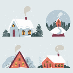 Set of winter houses in the Scandinavian style. Cozy Christmas and New Year.