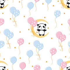 Seamless pattern with cute pandas on the moon with balloons for gift wrap, kids textile or book covers, wallpapers and scrapbook. Vector.