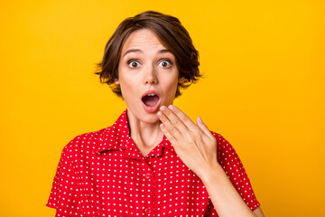 Photo of impressed nice brunette lady hand wear red shirt isolated on vivid yellow color background