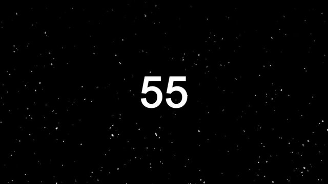 loop countdown from 60 to zero, one minute stopwatch, white number counter text and moving particles on black background, new year and program intro timer