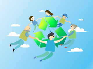 Fototapeta premium Family hold hand and around the recycling symbol to show the support of environmental protection vector illustrator graphic EPS 10