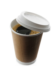 Aromatic coffee in takeaway paper cup and lid on white background