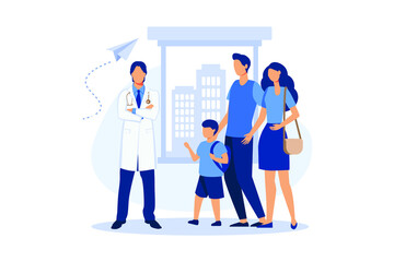 Doctor's appointment with children,
family doctor, treatment of childhood disease, addictions and mental problems, flat design modern illustration