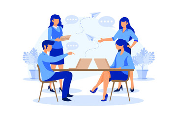 workers are sitting at the negotiating table, collective thinking and brainstorming, company information analytics flat design modern illustration