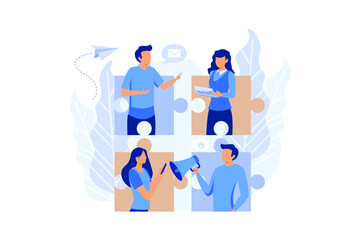 internet communication, team metaphor, people connecting puzzle elements social networks, chat, video, vector, website, search for friends, mobile web graphics flat design modern illustration