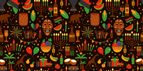 Kwanzaa seamless pattern of Africa with traditional colored and symbols. Brown exotic background.