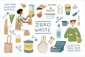 Hand drawn Zero Waste Elements Set. Collection of Eco Lifestyle illustrations. Reusable and Recycle non-plastic products