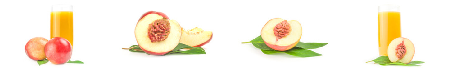 Collage of fresh peaches fruits isolated over a white background
