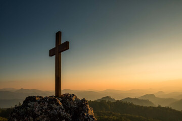 Christian cross on hill outdoors - obrazy, fototapety, plakaty