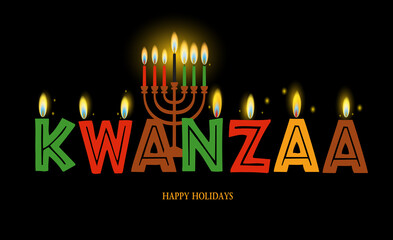 Banner for Kwanzaa with traditional colored and candles on yellow background representing the Seven Principles or Nguzo Saba .