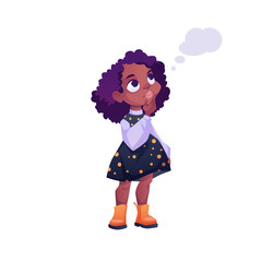 Puzzled afro american school girl searching answers on questions isolated flat cartoon character. Vector clever genius kindergarten child looking for solution to solve problem, worried young female