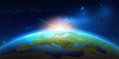 Planet Earth with sunrise in space. Vector illustration of sun rising over globe landscape. Save world background, starry galaxy in stratosphere, sunlight and sunset panorama, outerspace travel