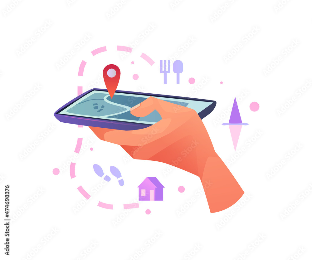 Poster mobile gps navigation, travel destination, location and positioning concept, smartphone in human han