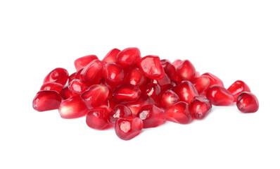 Pile of tasty pomegranate seeds on white background