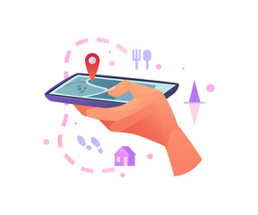 Mobile gps navigation, travel destination, location and positioning concept, smartphone in human hands isolated flat cartoon illustration. Vector map application and marker pin pointer on phone screen