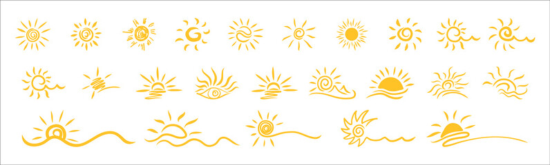 Set of hand drawn sun icons. Vector hands drawn sun icons, doodle cartoon morning summer sketch suns isolated on white background.