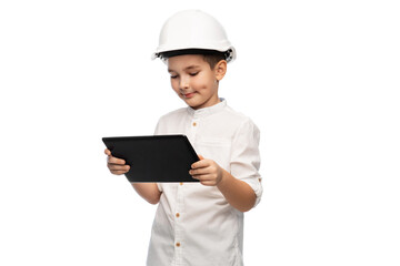 building, construction and profession concept - smiling little boy in helmet with tablet pc computer over white background