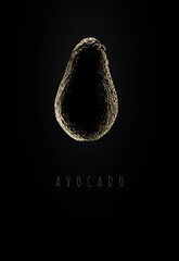 avocado with bright light at the contours on black background, vertically, silhouette of avocado, vegetable, abstract