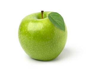 fresh green apple fruit with leaves isolated on white background, single.