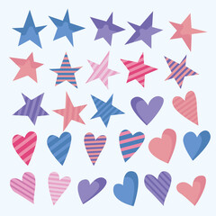 set of stars and hearts in pastel pink, lilac and blue colors isolated on a white background. Clip art in a flat style. For postcards and decorations birthday, Valentine's day, wedding, 