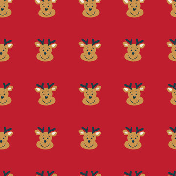 Cute Deer heads seamless vector pattern.Reindeer heads isolated on red background, vector illustration. Christmas kids design. Vector illustration for holiday fabric, childrens gift wrap.