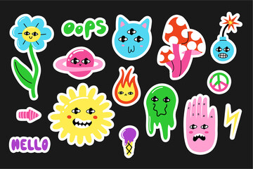 Comic characters sticker. Psychedelic 80s objects with faces, bright emoji, hand drawn text, flowers with eyes, heart, hippy sign, poison mushroom isolated, vector cartoon illustration