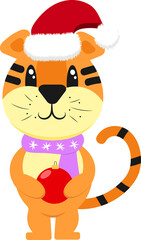 Tiger symbol 2022, New year Tiger isolated vector, Happy cartoon character with christmas ball and santa hat