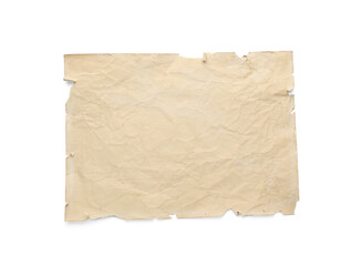 Sheet of old parchment paper isolated on white, top view. Space for design
