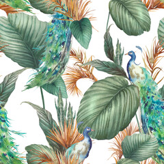 Watercolor peacock seamless pattern. Repeating surface design with palm tree leaves and exotic birds