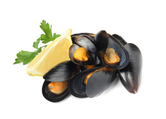 Cooked mussels with parsley and lemon on white background