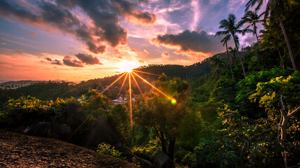 Background of evening natural light on high mountains overlooking the sea, coconut palms,hillside...