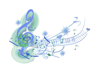 Winter music. Abstract treble clef decorated with snowflakes and notes. Vector illustration. - 474701510