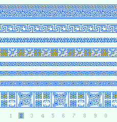 Set of greek patterns with qr code icons, pixel perfect squares, modern art. Concept of matrix, nowadays trends, digital society. Creative idea of encryption, scanning, coding of identification cards