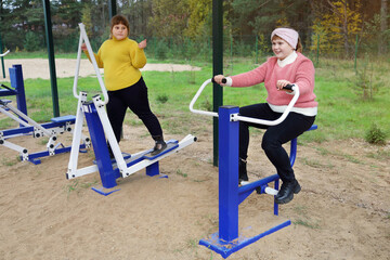 Fototapeta na wymiar Two chubby girls performs sports exercises on street simulators, motivation to healthy lifestyle