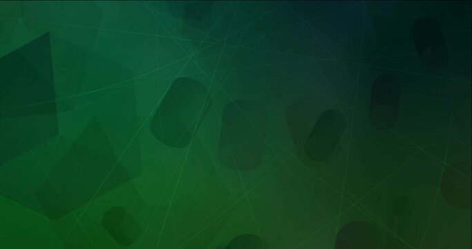 4K looping dark green video footage with circles, squares, cylinders. Rectangles, circles on abstract background with colorful gradient. Flowing design for presentations. 4096 x 2160, 30 fps.
