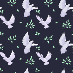 Dove flying and branch from a tree seamless vector pattern. Dove of peace. Dark background.