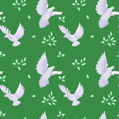 Dove flying and branch from a tree seamless vector pattern. Dove of peace. Green background.