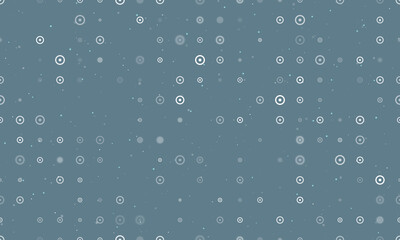 Seamless background pattern of evenly spaced white astrological sun symbols of different sizes and opacity. Vector illustration on blue gray background with stars