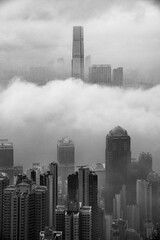 Skyscraper in downtown of Hong Kong city in fog