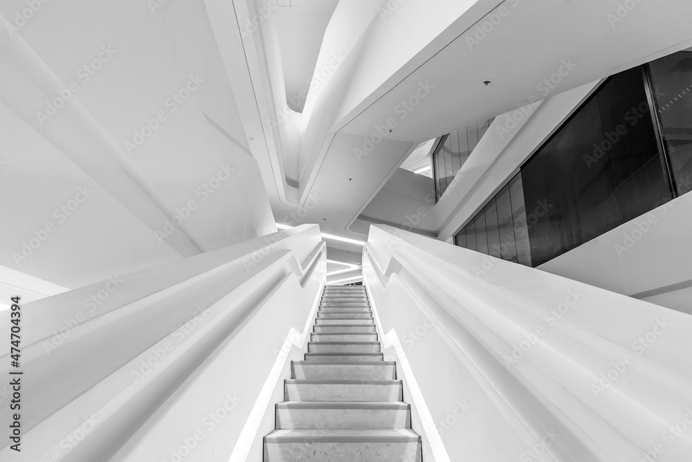 Poster interior view of empty futuristic stairway. modern building abstract background