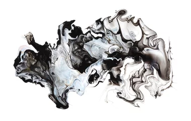 Tuinposter Art Abstract flow pour acrylic, ink and watercolor marble painting. Black and white color wave texture blots background. © Liliia