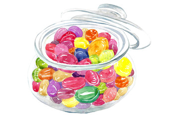 Candy sweets in a jar watercolor illustration. Isolated on white background..