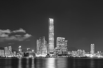 Panorama of skyline of Victoria harbor of Hong Kong city at night