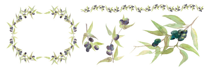 Collection of watercolor olive branches, pattern with olive branches isolated on a white background. Botanical illustration.Decor for postcards, labels, design for cosmetics © Елена Устьянцева