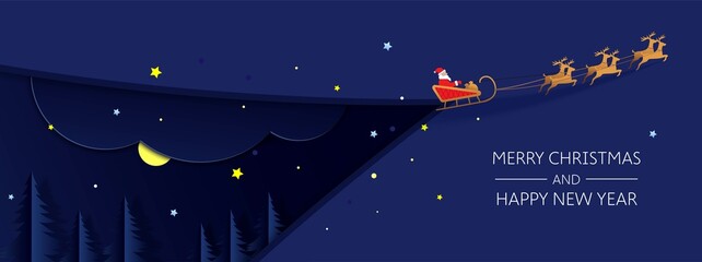 Fototapeta na wymiar Merry Christmas and Happy New Year background. Illustration of winter night in forest and Santa Claus on the sky. Digital craft style. 