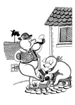 Graphics, hand-drawn, fabulous children's illustration on the theme of Shoe shine, funny pigs
