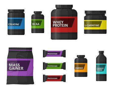 Sports nutrition containers packages, fitness protein power. Set of bodybuilding sport food. Jars and bottles with supplements for muscle growth. Gym icons, healthy lifestyle concept. Vector