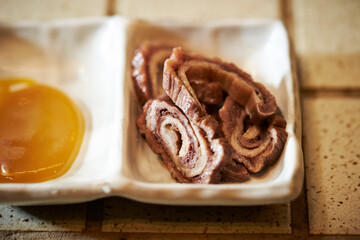 Tuna intestines on a plate 