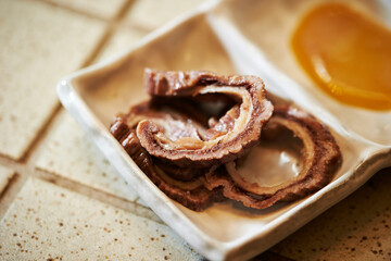 Tuna intestines on a plate 