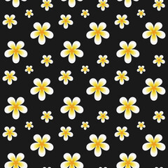 A seamless repeat pattern of white and yellow colored Plumeria flowers which are also known as Frangipani in grey background